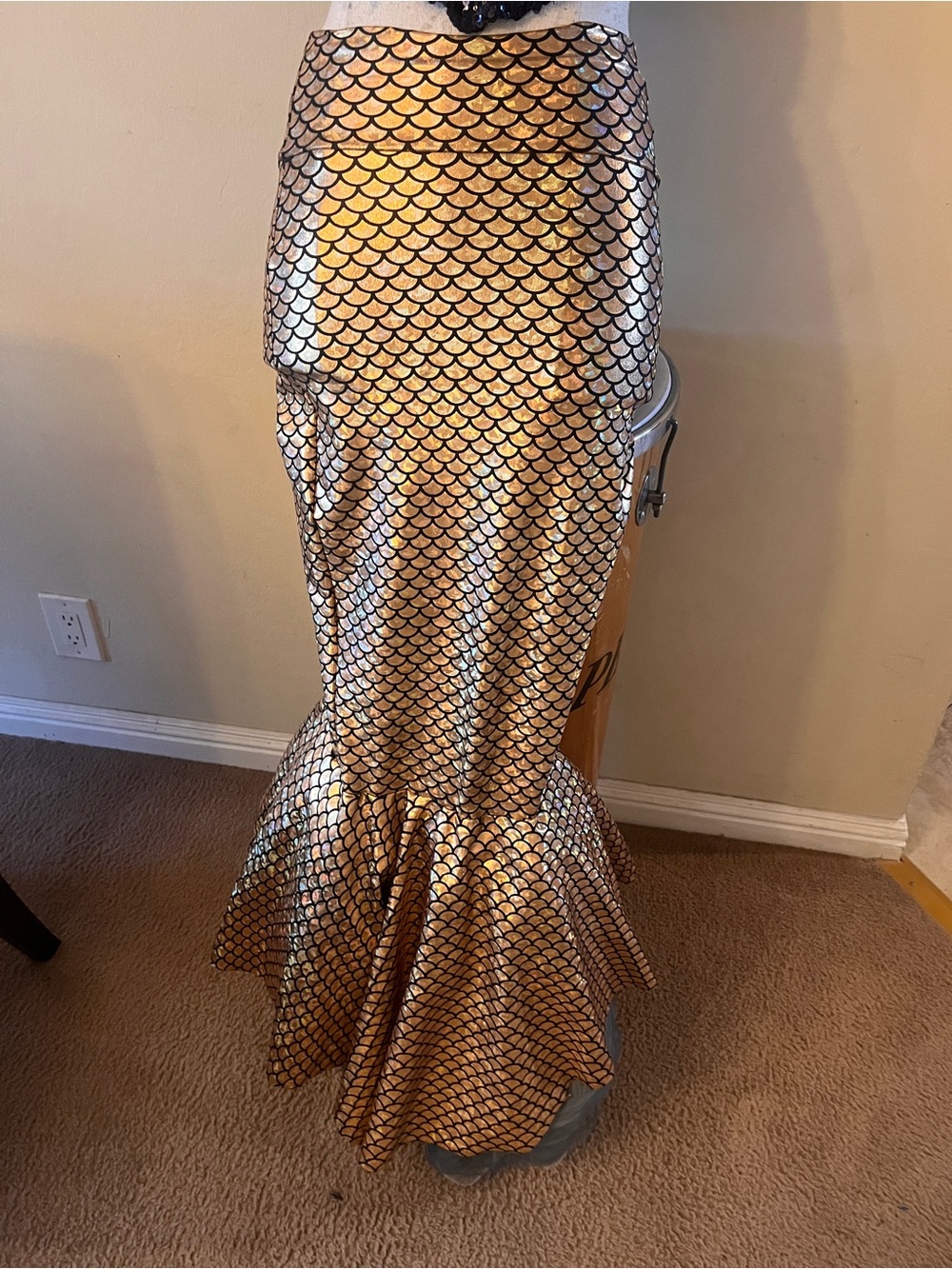 Gold Mermaid-Scale Maxi Skirt with Flared Hem